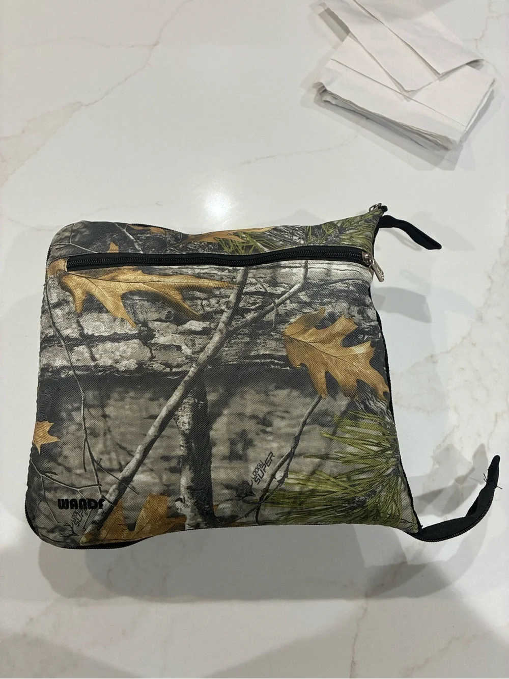 10 pocket Camouflage Duffel Bag with Black Straps, liquid & shoe, compartments